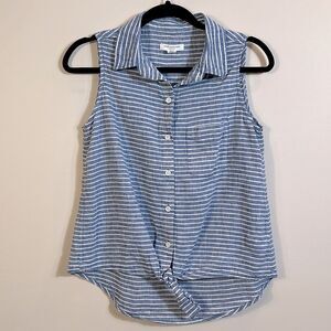 Beach Lunch Lounge Blue White Linen Cotton Sleeveless Stripe Button Front Small